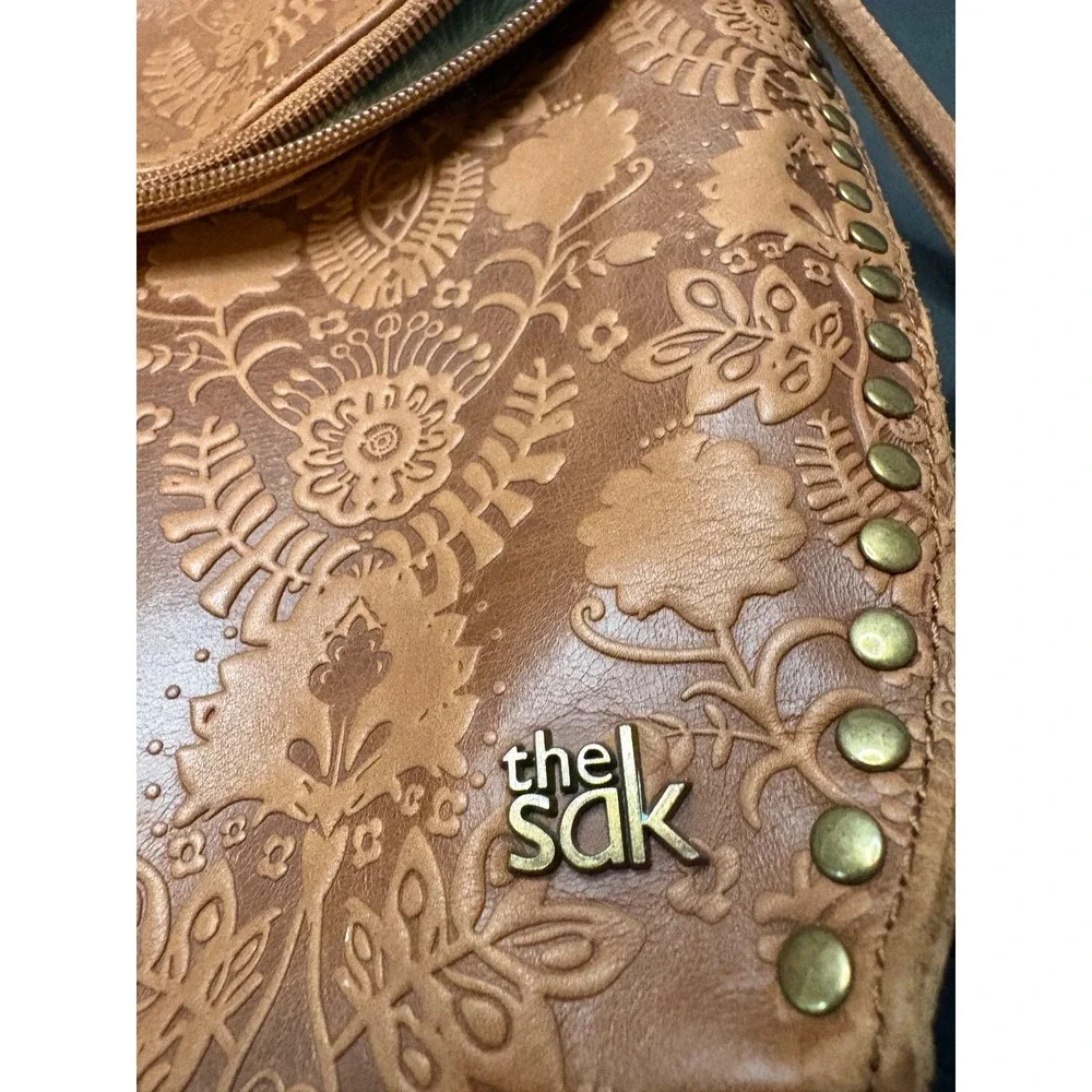The Sak Tan Leather Embossed Floral Crossbody Bag Studded Boho Messenger